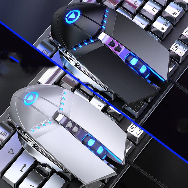 Gaming mouse and keyboard with blue LED lights on a dark background