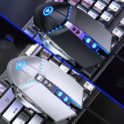 Gaming mouse and keyboard with blue LED lights on a dark background