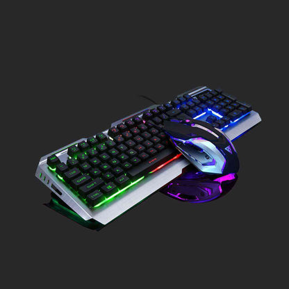 Gaming keyboard and mouse set with RGB lighting on a dark background
