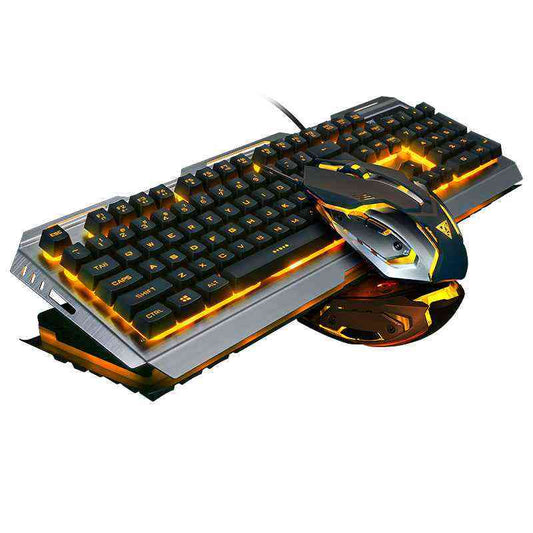 Gaming keyboard and mouse set with illuminated keys on a white background