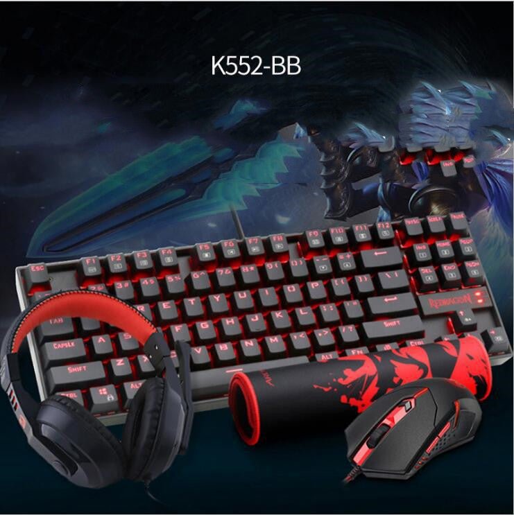 Gaming keyboard, mouse, and headset with red accents on a dark background
