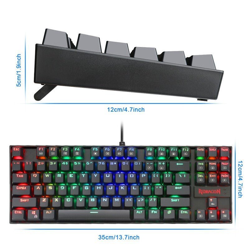 Gaming keyboard with RGB lighting and stand, showing dimensions on a white background