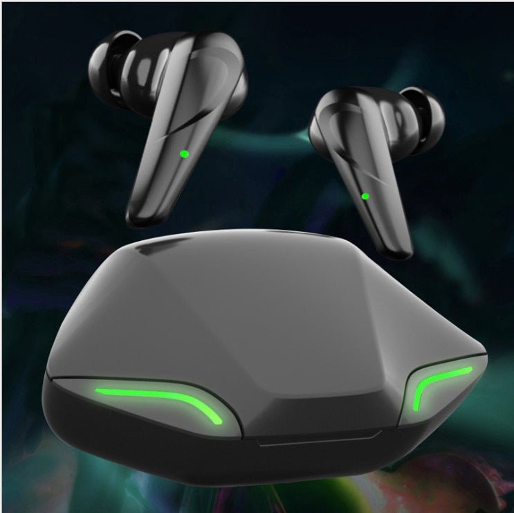 Wireless earbuds with a charging case on a dark background