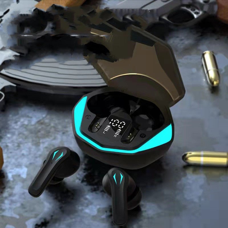 True wireless earbuds with charging case on a textured surface with bullets around