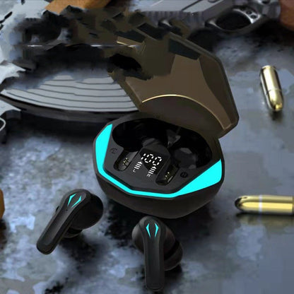True wireless earbuds with charging case on a textured surface with bullets around