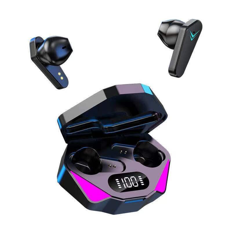 Wireless earbuds with charging case on a white background