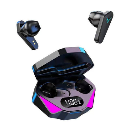 Wireless earbuds with charging case on a white background