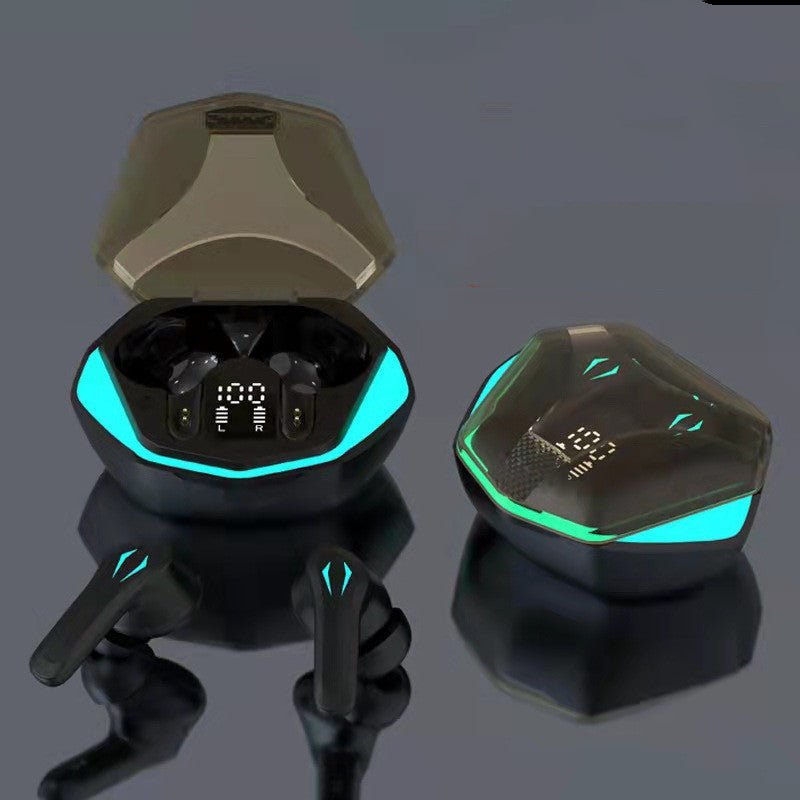 Wireless earbuds with a charging case on a reflective surface