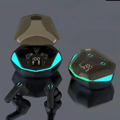 Wireless earbuds with a charging case on a reflective surface