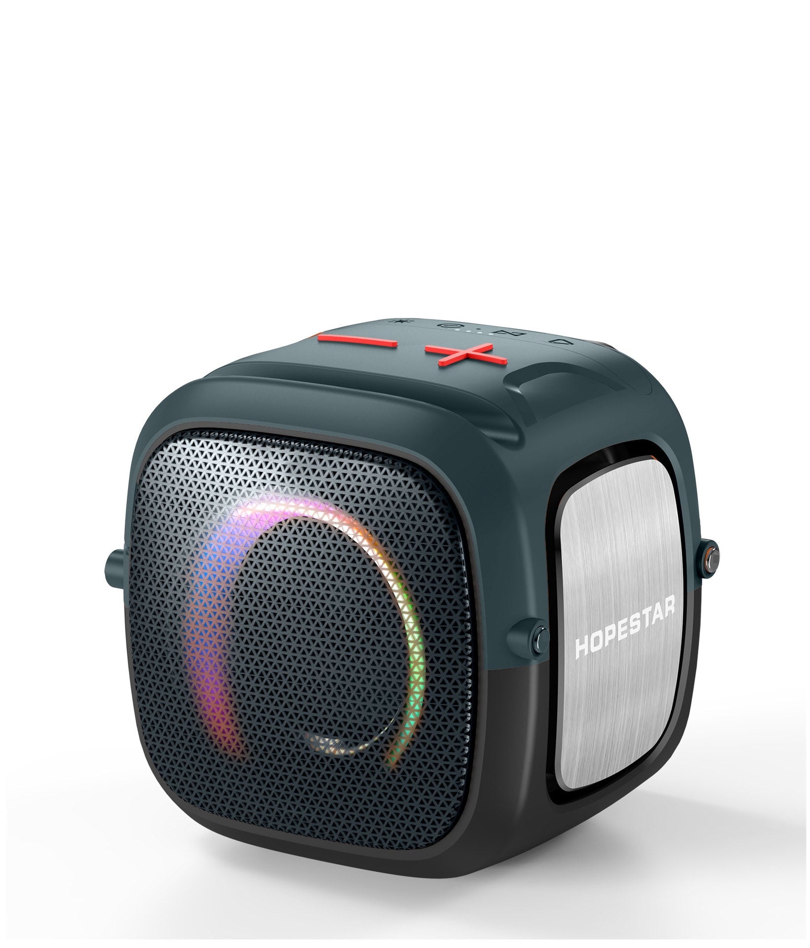 Portable speaker with colorful LED lights on a white background