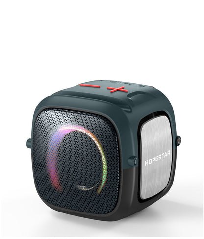 Portable speaker with colorful LED lights on a white background
