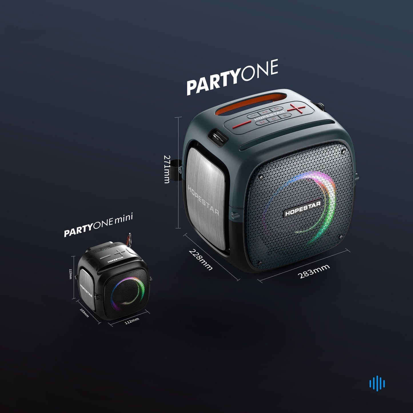 Two portable speakers, PARTYONE and PARTYONE mini, with dimensions displayed on a dark background.