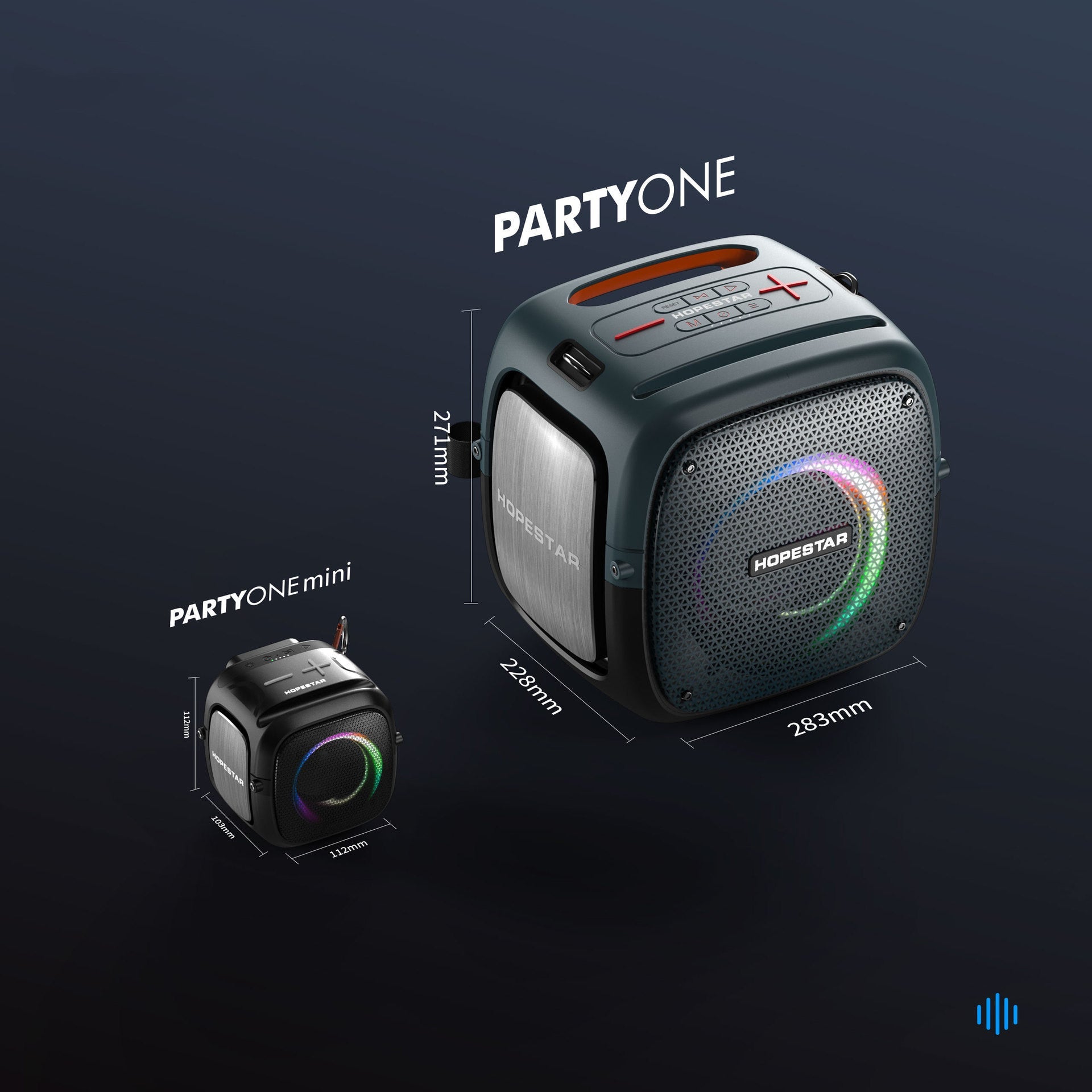 Two portable speakers, PARTYONE and PARTYONE mini, with dimensions displayed on a dark background.