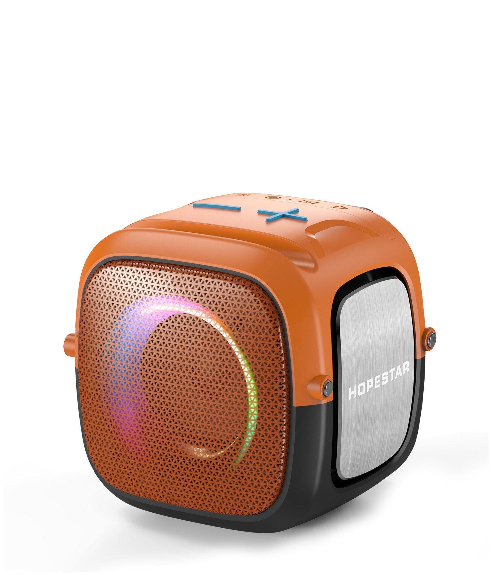 Orange portable speaker with visible brand logo on a white background