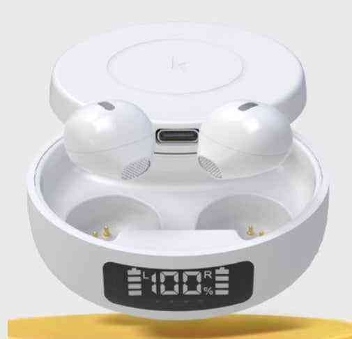 White wireless earbuds with charging case on a white background