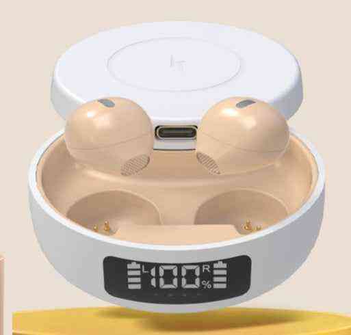 Wireless earbuds in a charging case with a digital display on a beige background