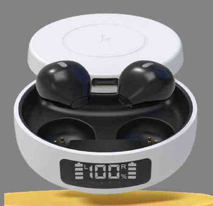 Black wireless earbuds in a white charging case with a digital display on a gray background.