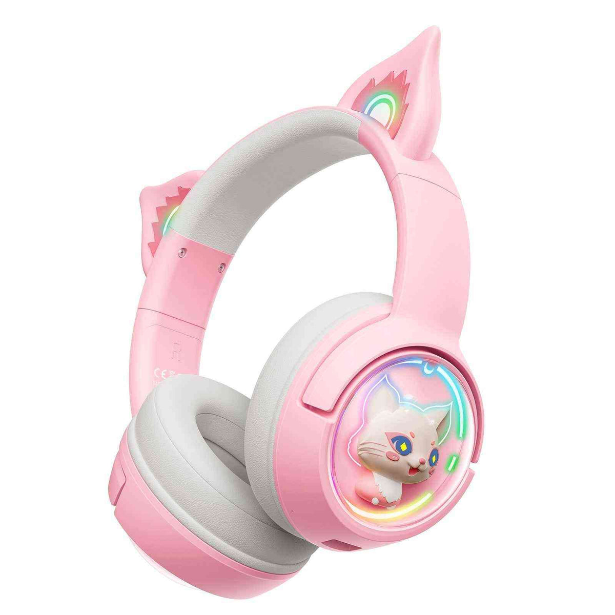 Pink headphones with cat ear design and character display on a white background
