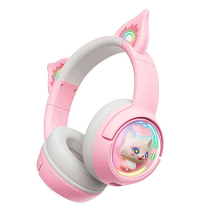 Pink headphones with cat ear design and character display on a white background