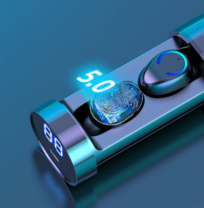 Close-up of a futuristic electronic device with digital display on a blue background