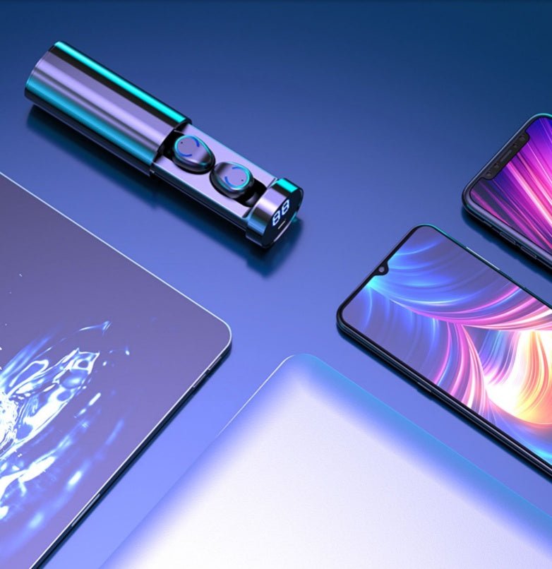 Gadgets including a cylindrical device and smartphones on a reflective surface with a blue gradient background.
