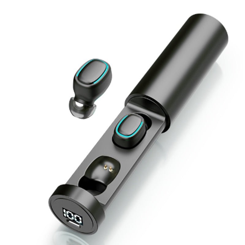 Black wireless earbuds with charging case on a white background