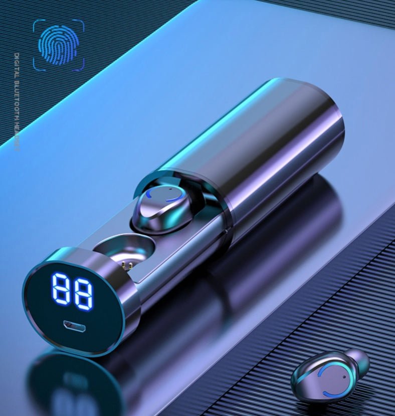 Wireless earbuds with digital display on a reflective surface