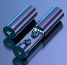Two cylindrical electronic devices with digital displays on a reflective surface.