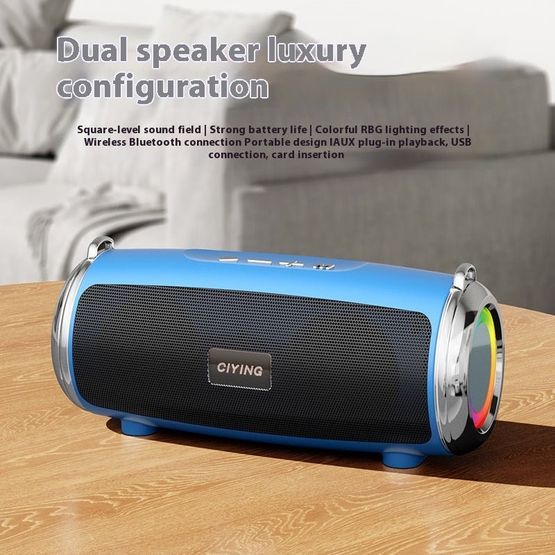 Blue portable speaker with RGB lighting effects on a wooden surface, text describing features.