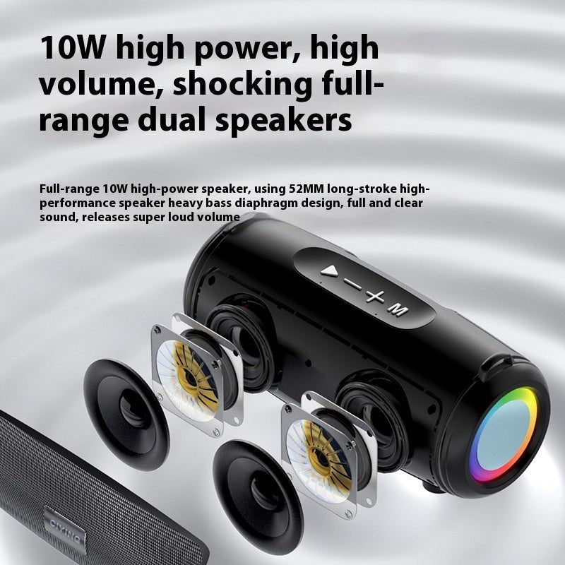 Black dual speaker system with text highlighting high power and volume on a white background
