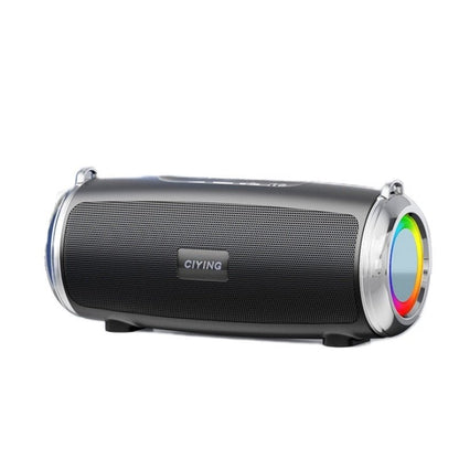 Black cylindrical speaker with colorful LED accents on a white background