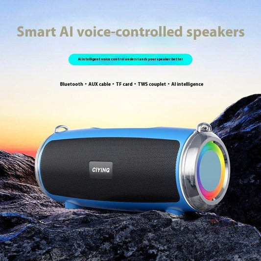 Blue smart AI voice-controlled speaker on a rocky surface with a colorful sky background