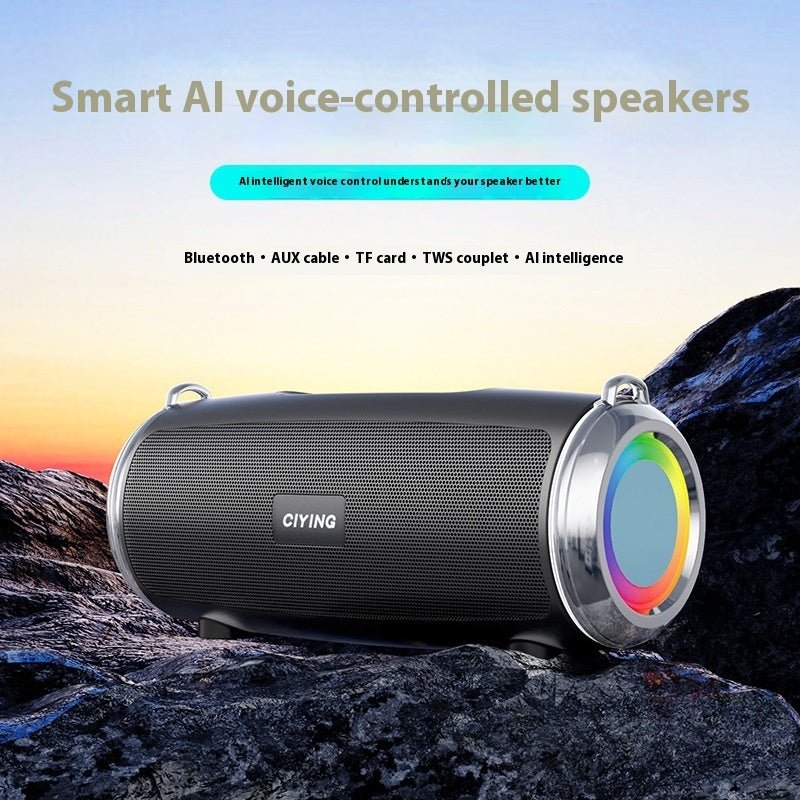 Smart AI voice-controlled speaker with colorful LED ring on a mountain background