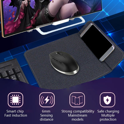 Black mouse pad with wireless mouse and phone on a blue background with product features displayed.
