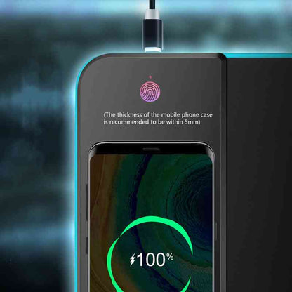 Smartphone with a charging cable and case thickness recommendation text on a blurred background