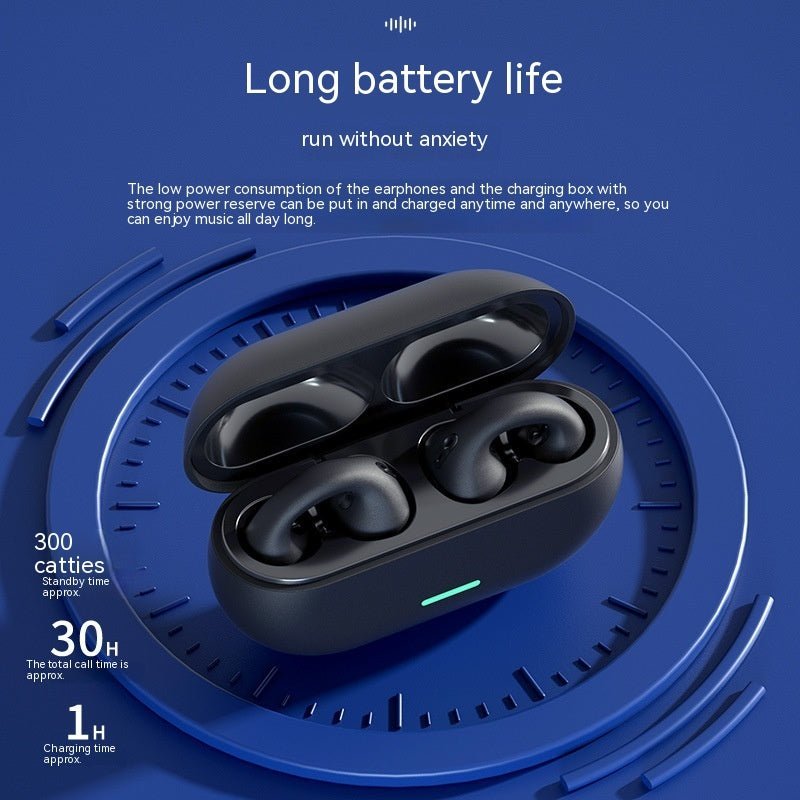 Black wireless earbuds with charging case on a blue background with text about battery life.