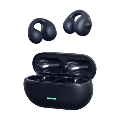 Black wireless earbuds with charging case on a white background