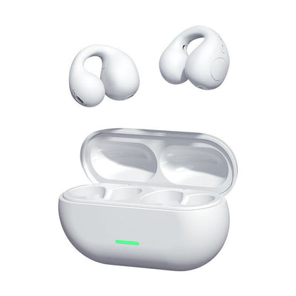 White wireless earbuds with charging case on a white background