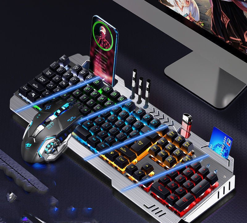Gaming keyboard and mouse set with colorful backlighting on a dark surface.