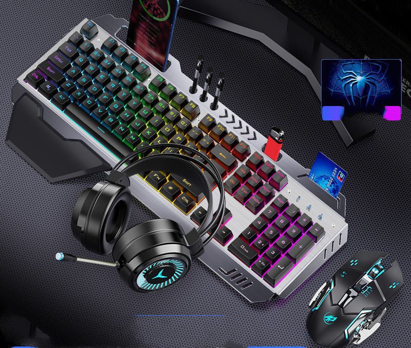 Gaming keyboard, headset, and mouse on a dark surface with colorful lighting effects.