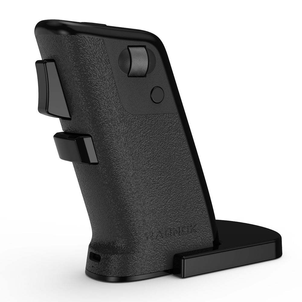 Black phone stand with magnetic attachment on a white background