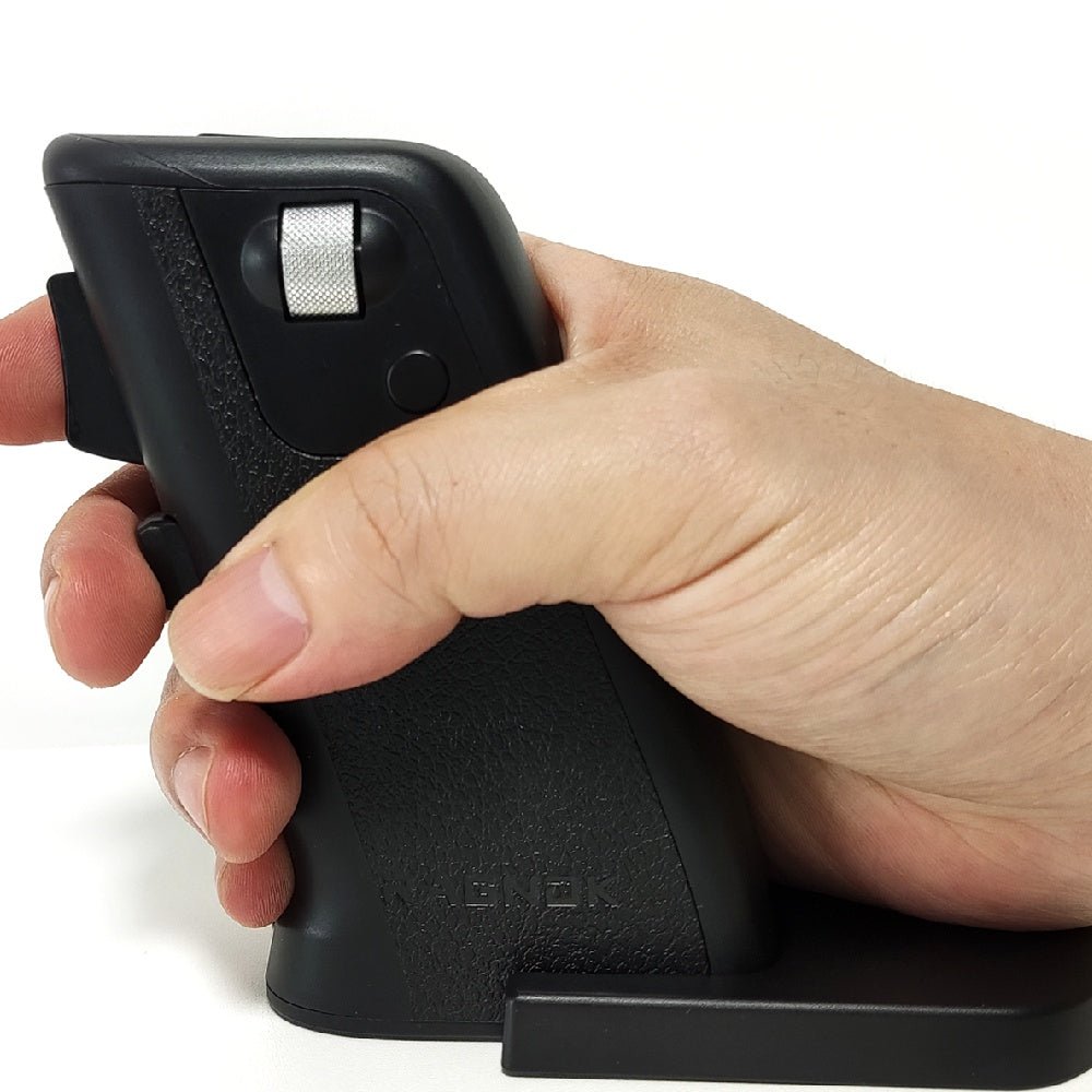 Hand holding a black phone case with a white background
