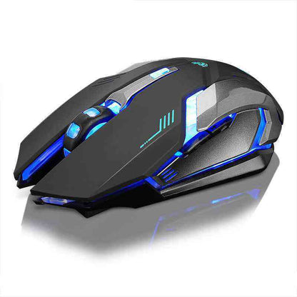 Black gaming mouse with blue LED lights on a white background