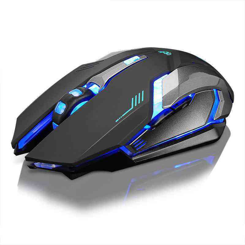 Black gaming mouse with blue LED lights on a white background