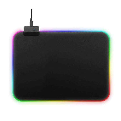Black mouse pad with RGB lighting and wireless receiver on a white background