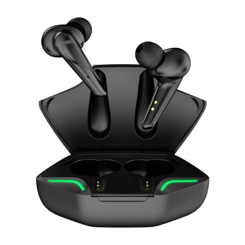Black wireless earbuds with charging case on a white background