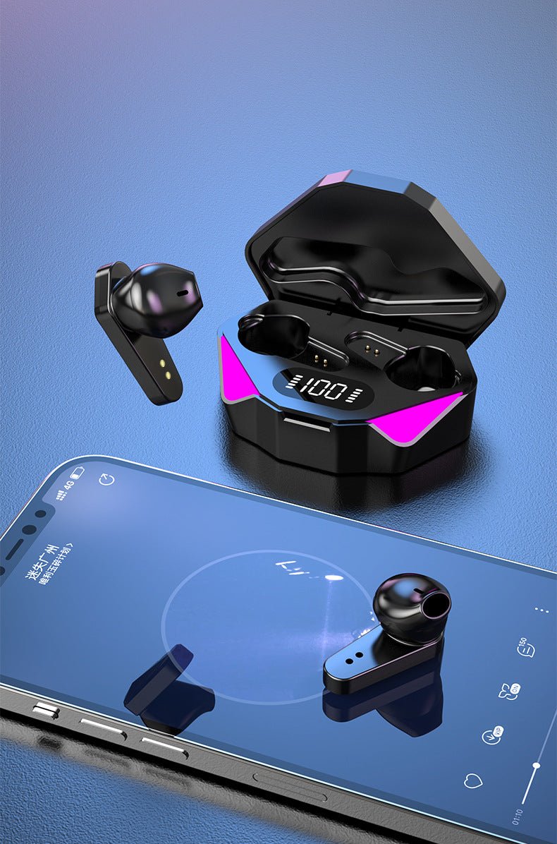 Wireless earbuds with charging case on a blue background