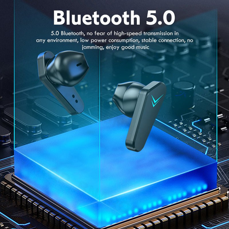 Wireless earbuds with Bluetooth 5.0 text on a circuit board background