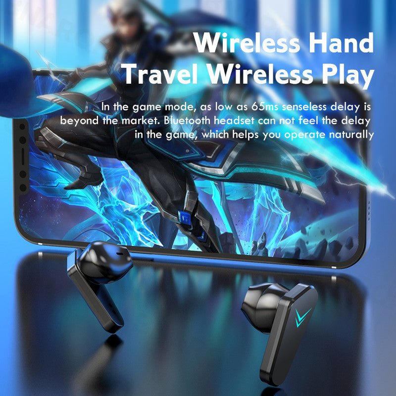 Gaming setup with smartphone, controller, and headset on a blue background