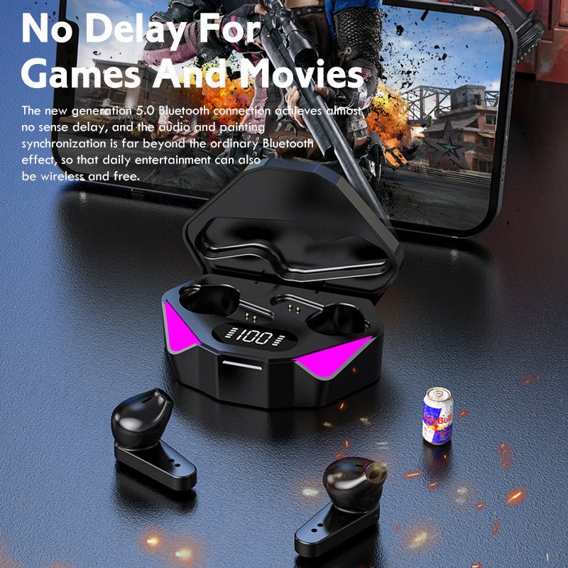 Black wireless earbuds with charging case on a dark surface, smartphone displaying game scene.